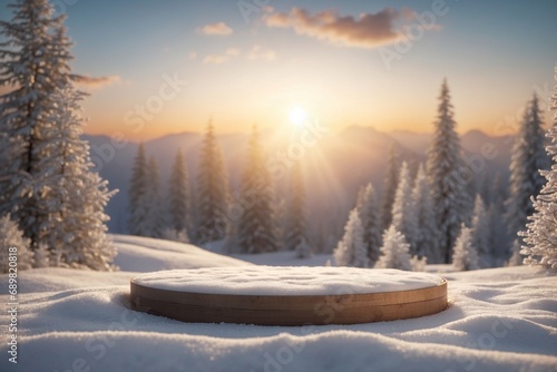Natural podium product display backdrop with dreamy snow field background. ai generative © Igor