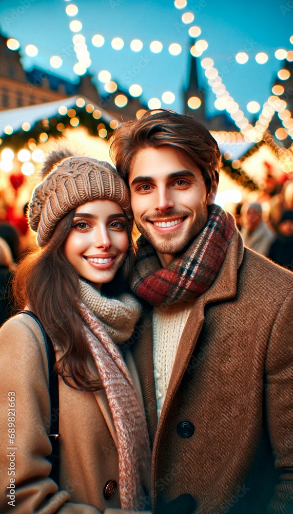 Winter Romance: A Smiling Couple Enjoys a Festive Evening at the Christmas Market