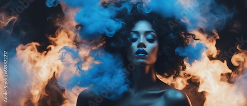 Portrait of a girl with curly hair and blue makeup against a background of fire and smoke