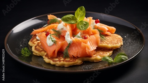 On a gray table, a ceramic plate with pancakes, salted trout, and basil leaves is displayed in a close up top view.