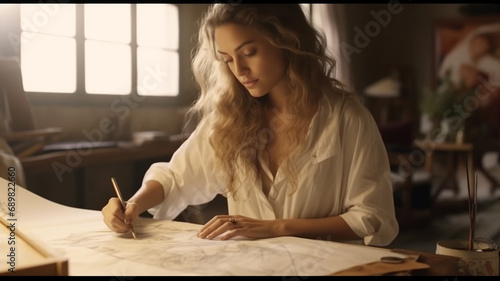 female artist painting on desk in studio