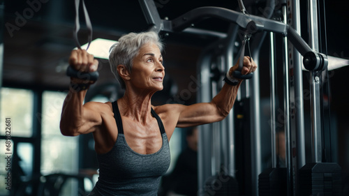 senior woman exercising in gym.