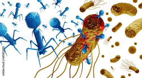 Phage and Bacteriophage attacking bacteria as a virus that infects bacteria as a bacterial virology symbol as a pathogen that attacks bacterial infections as bacteriophages. photo