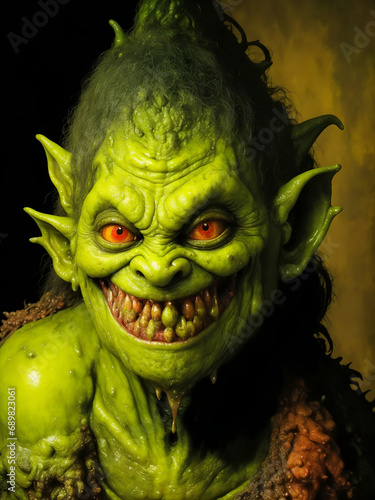 A hideous, monstrous troll, its grotesque features strike fear into the hearts of all who gaze upon it: warty green skin, sharp, yellowed teeth dripping with saliva, and piercing, malevolent crimson e