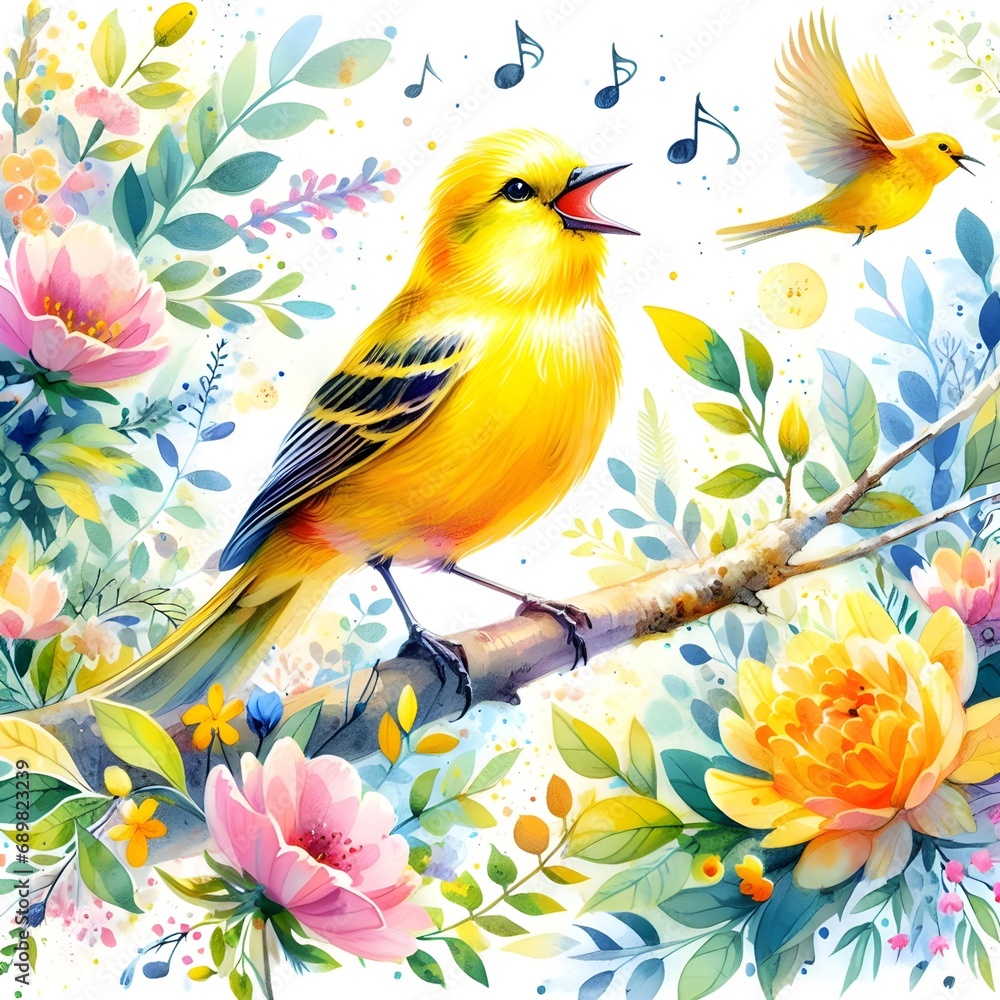 A yellow bird is singing on the tree, perched on the upper branches of the flowers. And all around, birds are flying in joy A yellow bird is singing on the tree, perched on the upper branches of the flowers. And all around, birds are flying in joy