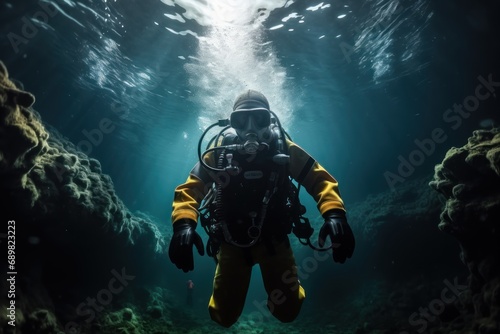 Scuba diver. Scuba diver exploring underwater cave. Underwater life Concept. Marine Life concept. Scuba diver in the deep blue sea. 