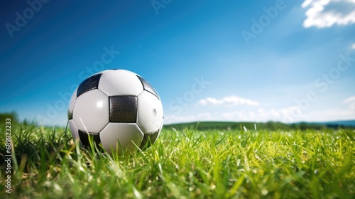 exhilarating image showcasing a soccer ball against a vivid blue sky and lush green grass backdrop. © pvl0707