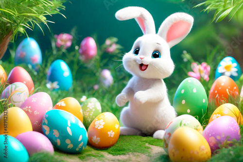 Wallpaper Mural Easter greeting card with bunny, colourful eggs and flowers, 3d render modern illuatration. Torontodigital.ca