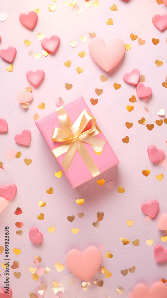 Layout for the holiday of Valentine's Day, gift, confetti and hearts, on a pink background with copy space. Layout for the holiday of Valentine's Day, gift, confetti and hearts, on a pink background with copy space.