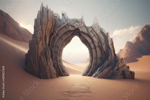 Gate entrance fantasy in dune digital art. Desert magical entry rocky arch gateway. Generate ai photo