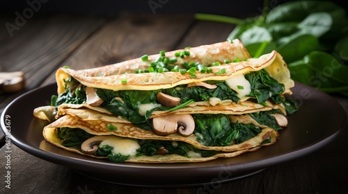 The combination of homemade mushrooms and spinach in savory crepes is a delight.