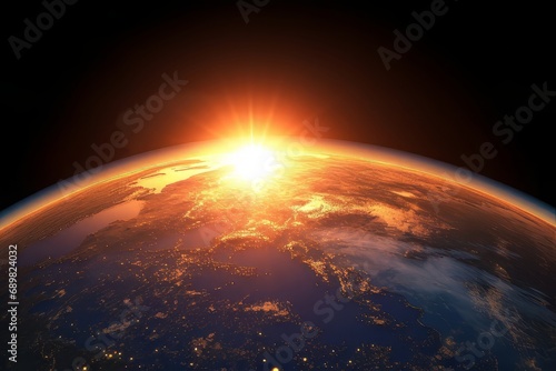 Sunrise view of the planet Earth from space with the sun setting over the horizon photo