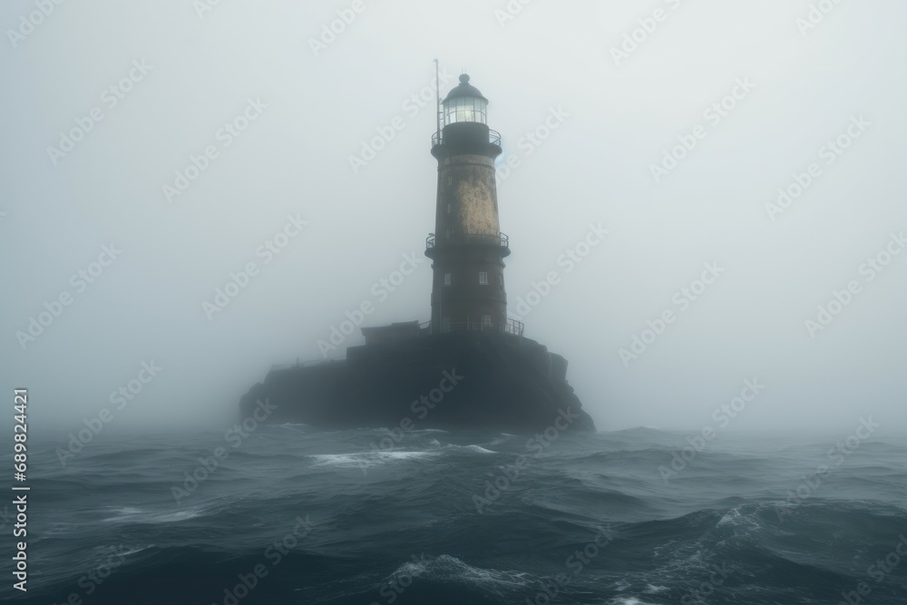 Eerie lighthouse in stormy misty weather. Marine lighthouse tower in foggy space. Generate ai