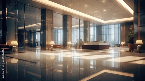 blurred background of a modern office lobby or building entrance  showcasing a white-themed interior  glass walls  and a reception area