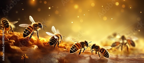 A group of bees flying around a beehive Busy Bees Buzzing Around Their Honeycomb Home. Copyspace image. Square banner. Header for website template photo
