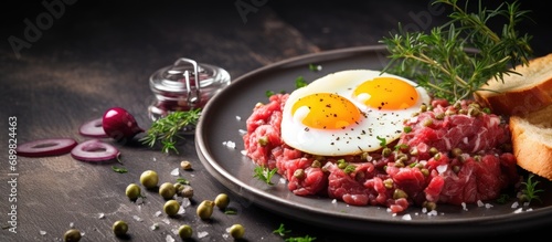 Beef steak tartare with raw egg yolk pickled cucumber French cuisine Top view Free space beef tartare with raw quail egg. Copyspace image. Square banner. Header for website template