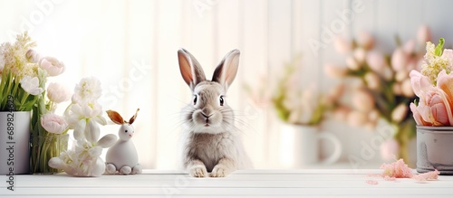 Cute funny rabbit stationery and laptop on table at home. Copyspace image. Square banner. Header for website template photo