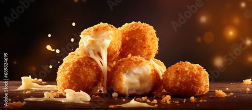 Delicious Bitterballen typical Dutch snacks made from flour cheese milk coated with bread crumb filled with mozzarella. Copyspace image. Square banner. Header for website template photo
