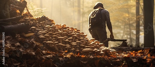 A young male mushroom picker with a large basket looks for collects mushrooms in the forest Mushroom picking in season. Copyspace image. Square banner. Header for website template photo
