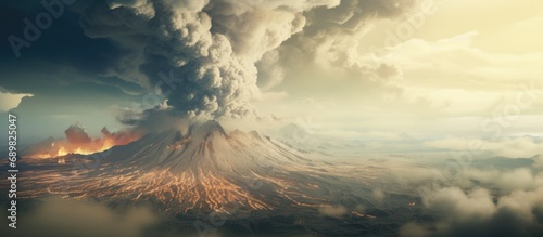 ash plume through clouds of an active volcano. Copyspace image. Square banner. Header for website template photo