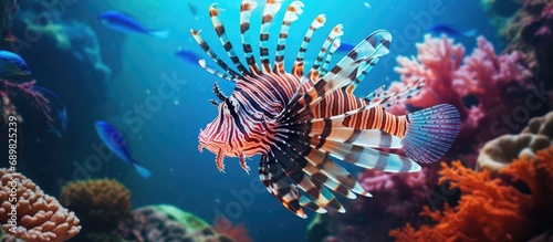 Common Lionfish Pterois Miles on a colorful coral reef. Copyspace image. Square banner. Header for website template