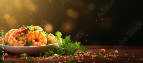 A delicious bowl of shrimp scampi with garlic butter and parsley. Copyspace image. Square banner. Header for website template