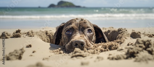 Dog burying his head in the sand at Sennen beach Cornwall. Copyspace image. Square banner. Header for website template