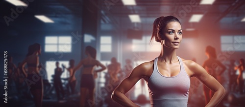 Closeup face of determined woman doing aerobic exercises at gym standing with arms outstretched Determined young woman in sportswear stretching arms in gym Beautiful girl in yoga pose with clas photo