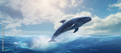 A spy hop or a peak by a Pilot whale A spy hop is when whales and dolphins hold their heads out of the water to visually insect the environment above the water line. Copyspace image. Square banner © vxnaghiyev