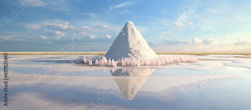 A pyramid of sea salt drying on the edges of the salt marsh. Copyspace image. Square banner. Header for website template