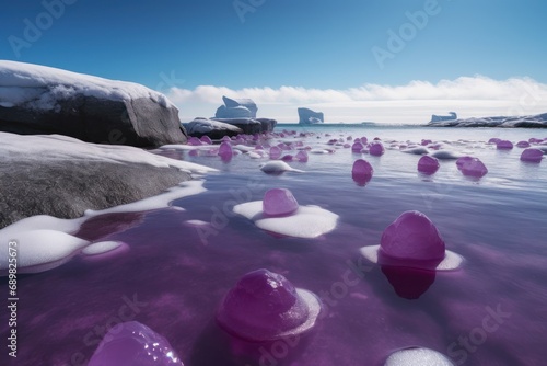 Floating purple ice pieces. Oceanic glacial water with floatable violet icy parts. Generate ai photo