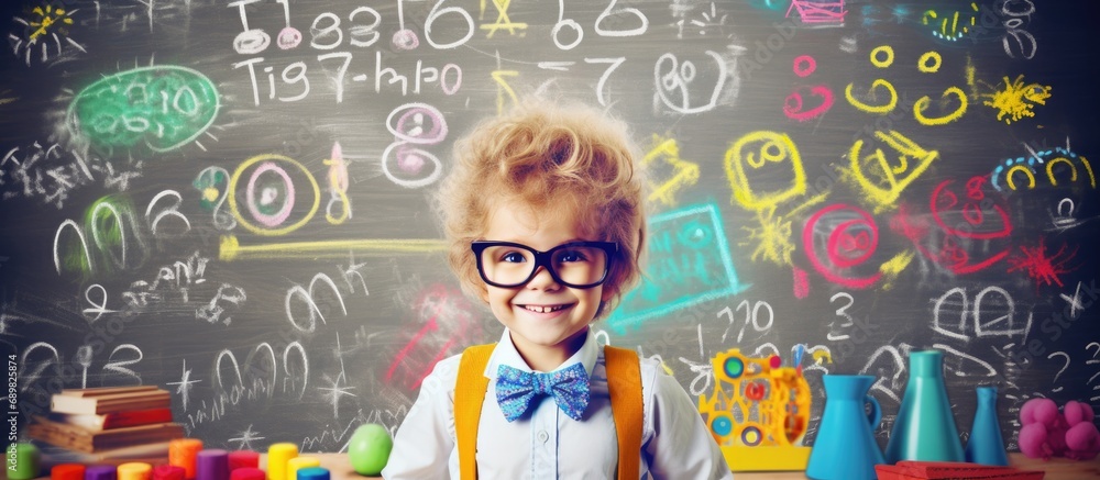 Child with dyslexia is standing in front of a whiteboard with many letters in elementary school. Copyspace image. Square banner. Header for website template - obrazy, fototapety, plakaty 