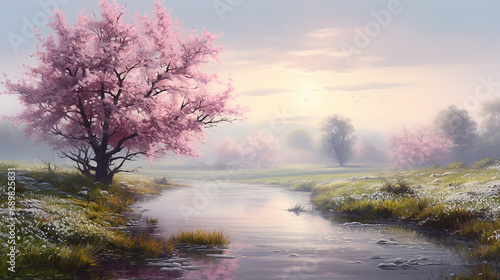 Softly Blurred Landscape in the Early Morning Light, Enveloped in Gentle Mist on an Ethereal Spring Background