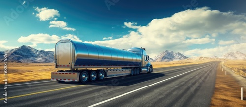 Commercial big rig blue industrial long haul semi truck transporting liquid cargo in tank semi trailer driving on the multiline interstate highway road with one way traffic direction. Copyspace image photo