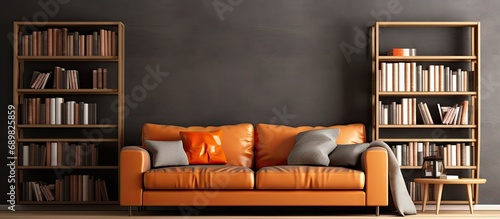 Cozy living room with sofa bookcase and rug. Copyspace image. Square banner. Header for website template