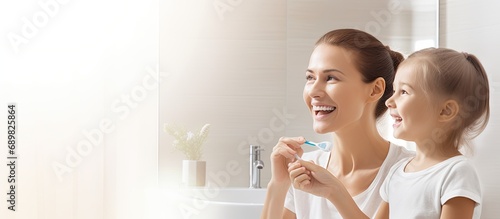 Dental care father with daughter brush their teeth and in bathroom of their home Oral hygiene routine parent with child use toothbrush for health and wellness mouth protection in the morning photo