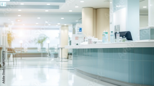 blurred background of a modern office lobby or building entrance, showcasing a white-themed interior, glass walls, and a reception area photo