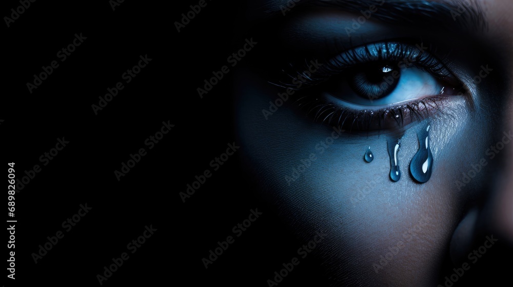 closeup photo of a young woman crying with a tear running down her cheek. - obrazy, fototapety, plakaty 