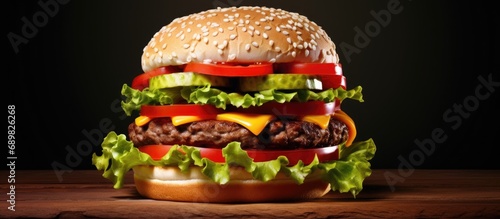 cheddar cheeseburger with tomato and lettuce. Copyspace image. Square banner. Header for website template