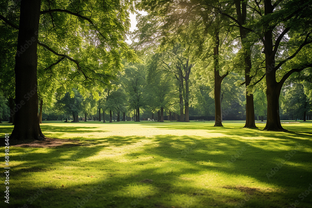 Fototapeta premium Springtime: Sunlit Glade, Trees, and Lush Greenery in Landscape