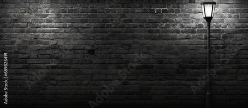 Black and white image of a brightly lit Lamp post against a textured brick wall at night Lack of color highlights texture in the wall. Copyspace image. Square banner. Header for website template