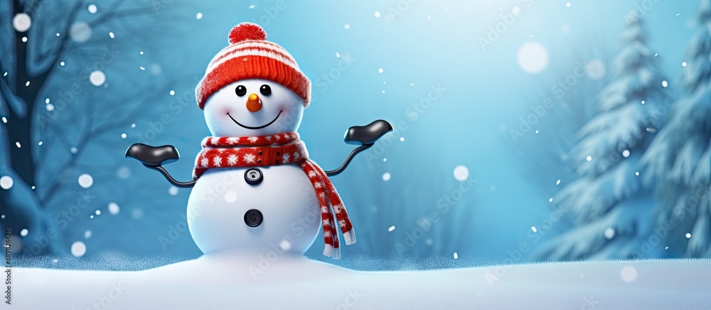 A snowman with a bright reflective vest and bicycle helmet ensures that he s safely equipped for cycling. Copyspace image. Square banner. Header for website template