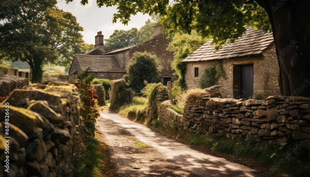 A Serene Dirt Road Leading to a Charming Stone Building A Serene Dirt Road Leading to a Charming Stone Building