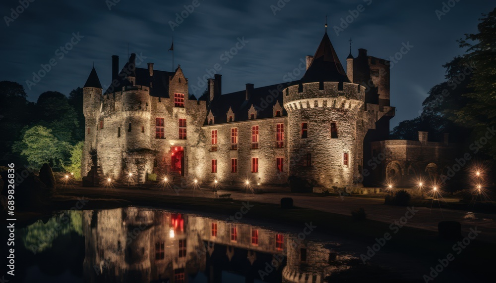 Castle Illuminated at Night by a Tranquil Water