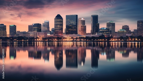 City Skyline Reflected in Serene Lake Waters © Anna