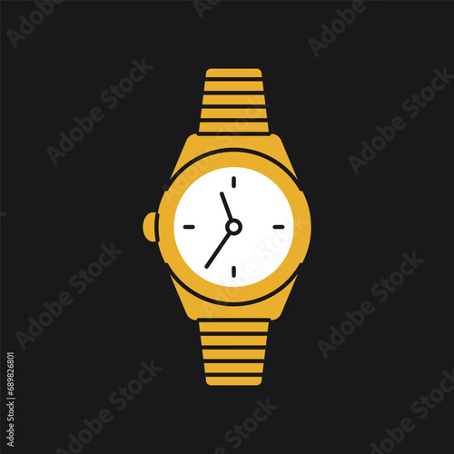 Cartoon classic gold wrist watch. Retro steel wristlet bracelet, flat expensive time accessory golden jewelry. Vector illustration