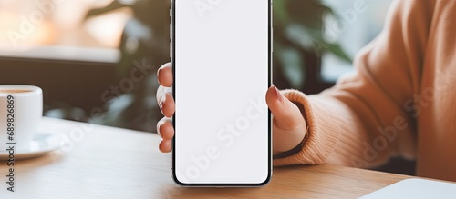 Close up shot of a woman in cozy sweater holding her smartphone scrolling on her phone or searching informations on the internet at her desk phone white screen mockup. Copyspace image. Square banner photo