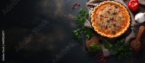 Classic pie with minced meat and rice on wooden board Composition with meat pie on concrete background with textile and spices Homemade pie with meat and rice in rustic style on gray table photo