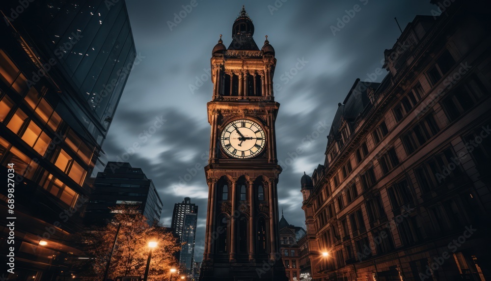 Fototapeta premium A Majestic Clock Tower Illuminating the Night Sky