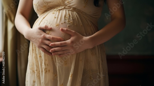 Image of pregnant woman touching her belly with hands